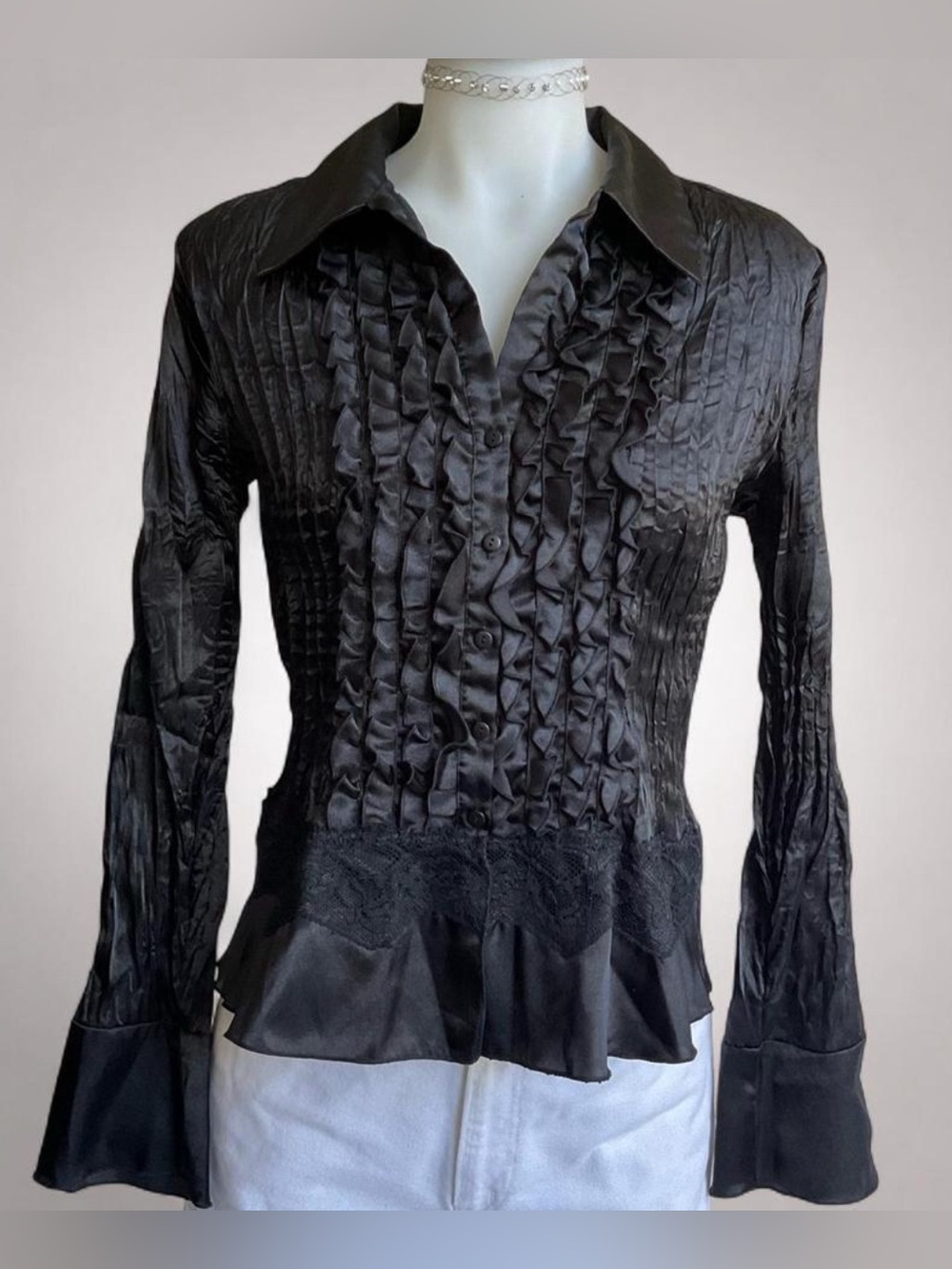 Allison Taylor | Y2K Black Goth Ruffle Lace Bell Sleeve Blouse | M
